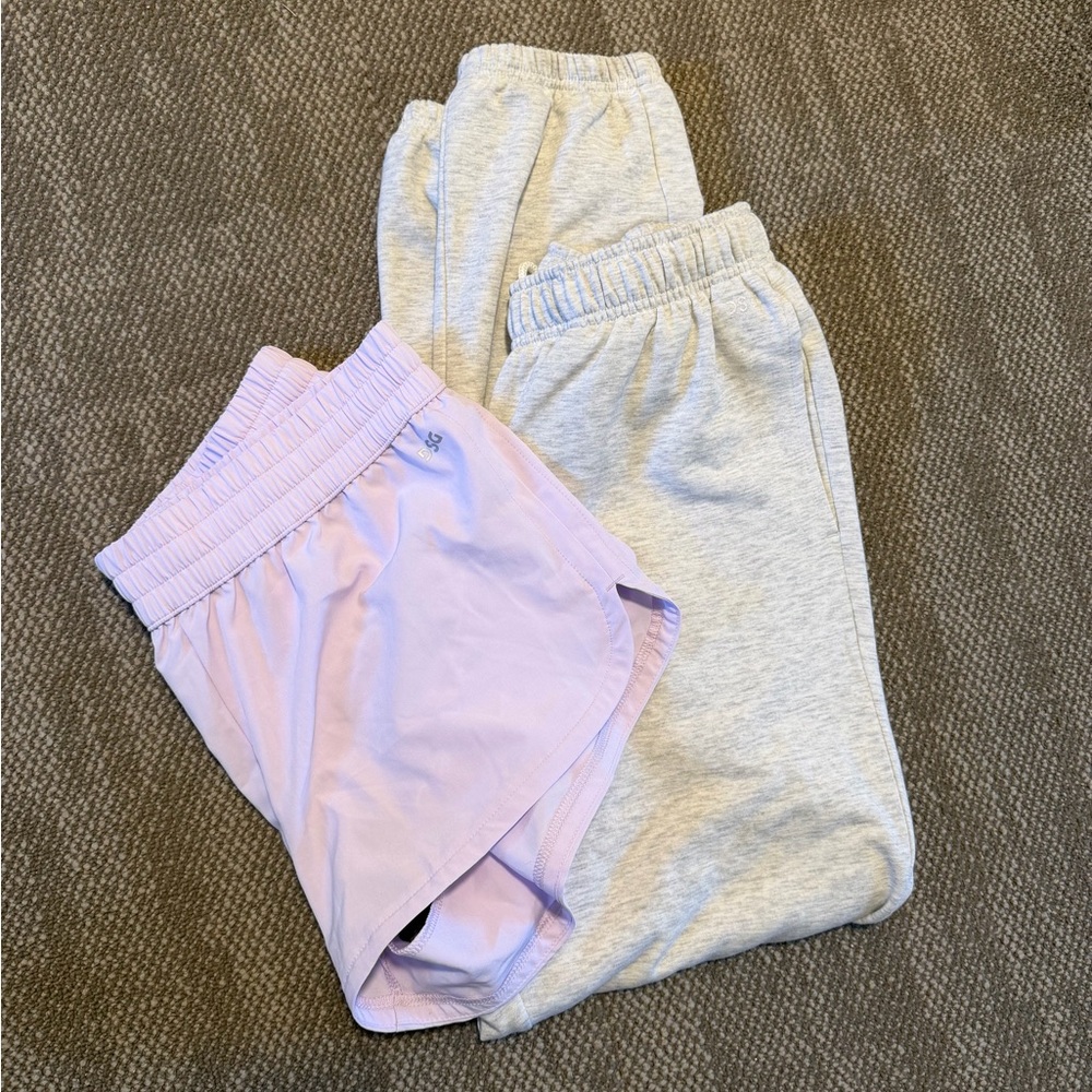 DSG women’s Lavender running shorts and Gray jogger sweatpants